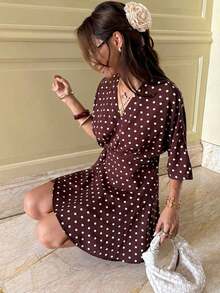 Vestido corto casual y de viaje con cuello en V y estampado de cuadros para mujer - Marrón - Ver 3