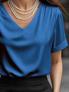 1 pieza Blusa de mujer de unicolor de satén con cuello en V y manga corta, elegante y de moda para uso diario, oficina, hogar, citas, primavera/verano, color negro casual - azul real - Ver 4