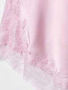 Camiseta de tirantes de mujer con parches de encaje y bajo asimétrico, versátil para citas y fiestas, de verano - Rosa - Ver 9