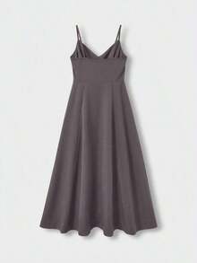 Vestido midi elegante de mujer con cuello en V, vestido de tirantes de mezcla de lino con corte evasé y espalda descubierta, adecuado para vacaciones, playa, boda, fiesta de cóctel - Púrpura polvoriento - Ver 5