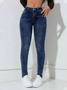 Jeans vaqueros de mujer ceñidos con bolsillos, informales y versátiles - Azul lavado oscuro - Ver 8