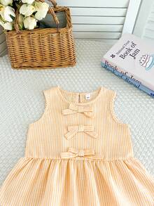 2pcs/Set Girls' Casual Bow Striped Sleeveless Tank Top And Pants Set, Summer - Yellow - View 4