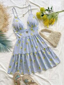 Vestido mini de mujer con estampado de limón colorido, estilo vacacional - Azul 2 - Ver 3