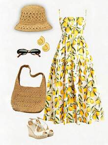 Vestido casual de mujer con estampado de limón sin mangas para vacaciones - Multicolor - Ver 3