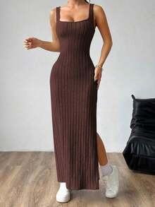 maxi informal sin mangas con abertura lateral, atuendo de mujer - Marrón - Ver 4