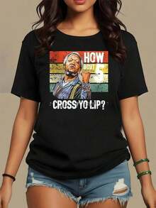 Figura de hombre levantando la mano con fondo retro de colores cálidos simbolizando fuerza y humor con texto divertido camiseta de mujer casual moderna cómoda para uso diario - Multicolor - Ver 9