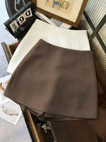 Pantalones cortos/falda/culotte/shorts de mujer de tela suave y texturizada de cintura alta con abertura, de uso versátil y casual, para primavera/otoño - Marrón - Ver 2