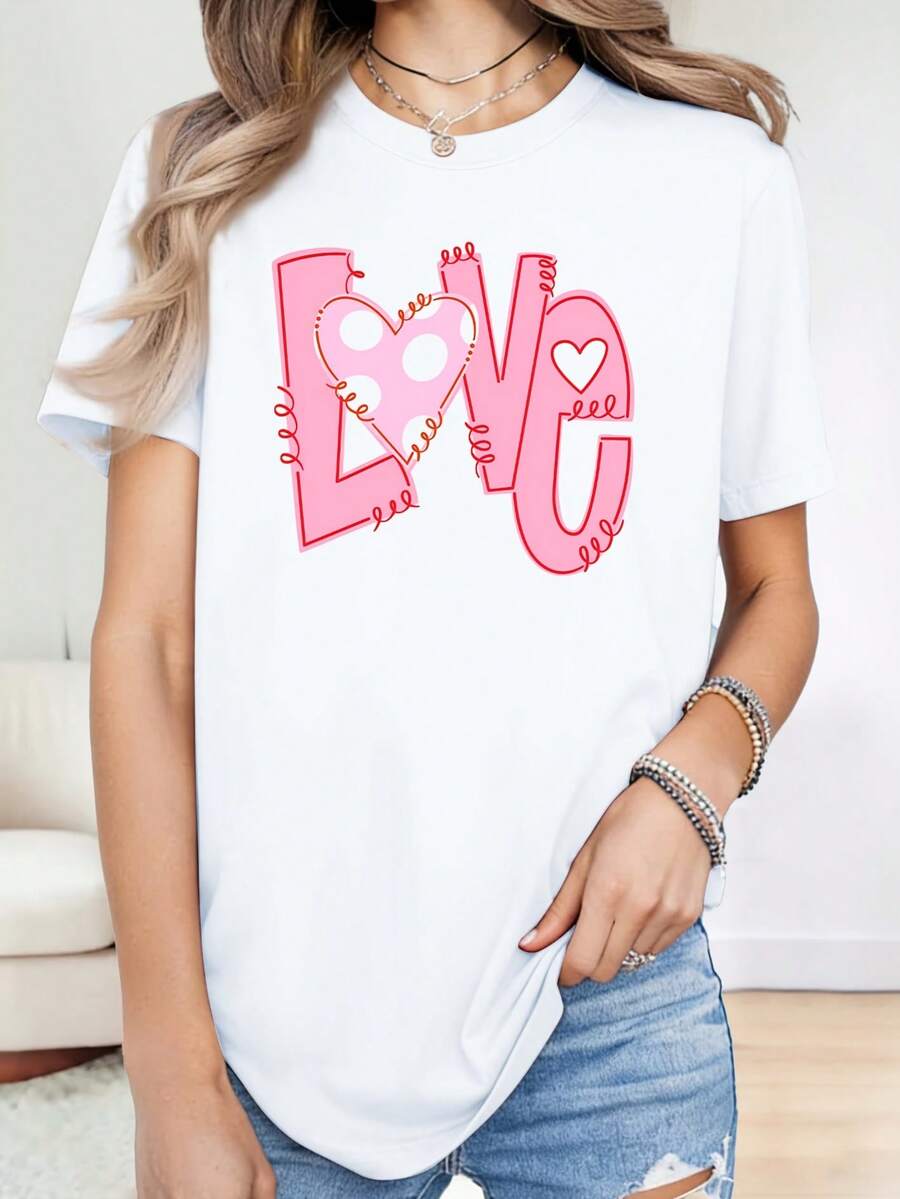 Pink Polka Dot Heart OVE Print Camiseta de anga Corta con Cuello Redondo para ujer, Agradable para la Piel, uave y Transpirable, avable a áquina, Top Casual uelto Versátil para Primavera, Verano y Otoño, Tallas -XX, Adecuado para Citas del Día de an ValentínRopa diaria para chicas dulces o estudiantes ,Ropa fresca y sin sudor en verano,Traje de fiesta elegante,T-shirt para damas elegantes,Blusas adecuadas para mujeres con curva,