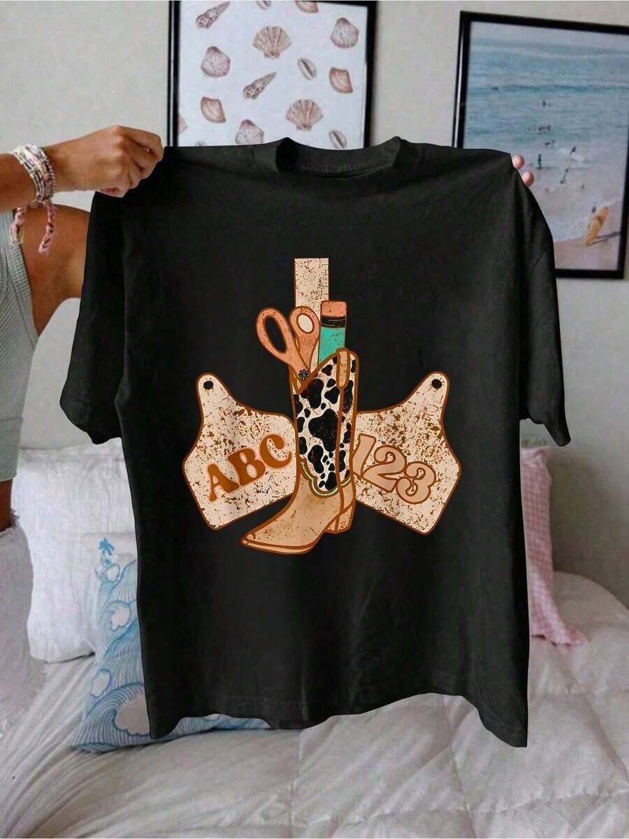 1 pieza 100% algodón ABC 123 Camiseta de vaquera del oeste para maestros, regreso a clases, para niños, 100% algodón - Negro - Ver 1