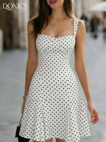 Vestido negro de línea A con cuello cuadrado y lunares, adecuado para el Día de San Valentín, el Carnaval y el uso diario - Blanco - Ver 8