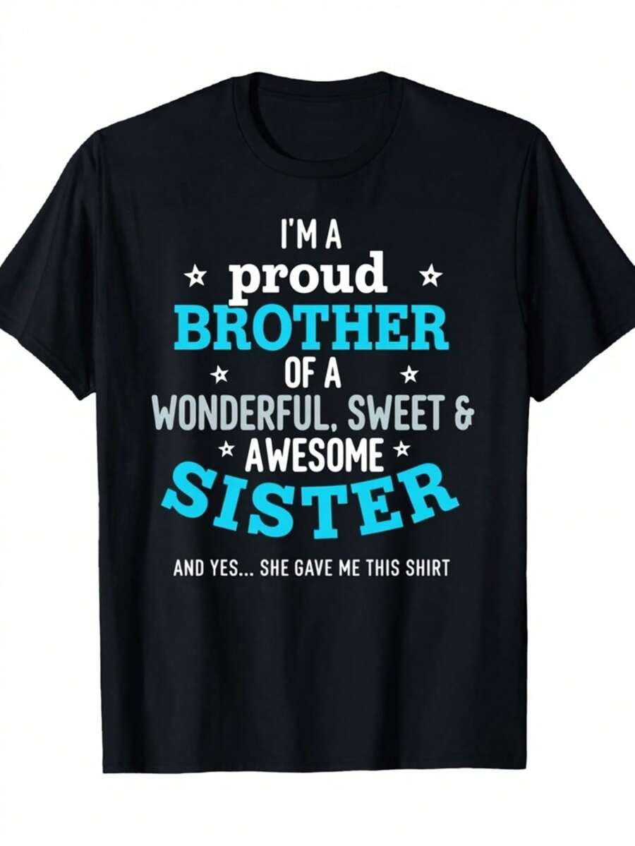 Elegante Camiseta Diaria para Hombre con Divertido Estampado de Hermanos - Un Hermano que se Orgullece de Tener una Hermana Cariñosa, Dulce y Genial - Camiseta Suave de Cuello Redondo - Regalo de Cumpleaños para Hermano - Camiseta con Texto - Corte Regular - Adecuada para Ocasiones Casuales y Formales Diarias - Divertida Camiseta de Moda Chic para Regalo de Cumpleaños Familiar - Negro - Ver 1
