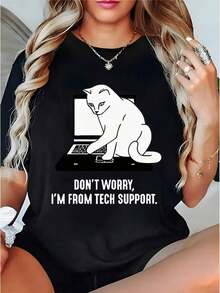 1 Piece Women's Botanical Print Cotton T-Shirt, Cool, Breathable, Natural Casual Style, Round Neck, Short Sleeve, Funny IT Cat Tech Support Print T-Shirt For Women - Soft, Loose, Casual, Everyday Wear, Short Sleeve, Machine Washable, Black T-Shirt With "Don't Worry, I'm Tech Support" Print - Perfect Gift For Programmers, Office Workers, And Cat Lovers, Comfortable Cat-Themed T-Shirt For Women, Ideal For Everyday Wear In Summer And On Vacation. - 黑色 - 查看 6
