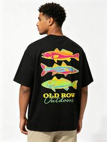 Men's Casual Summer Washed Cotton T-Shirt Old Row Outdoor Fish Print, Round Neck Short Sleeve Lightweight Knitted Fabric, Rib Details 100% Cotton - 純棉黑色 - 查看 2