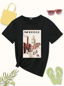 Limited Edition Women's T-Shirt With Moroccan Street Scene Print - Casual Breathable Crew Neck Design, Travel Inspired, Machine Washable, Comfortable Fit, Stylish Top, Medium Stretch Fabric, Modern Style, Comfortable Material, Printed Top, Excellent Gift Choice, Lightweight Cotton. - 黑色 - 查看 4