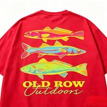 Men's Casual Summer Washed Cotton T-Shirt Old Row Outdoor Fish Print, Round Neck Short Sleeve Lightweight Knitted Fabric, Rib Details 100% Cotton - 純棉紅色 - 查看 2