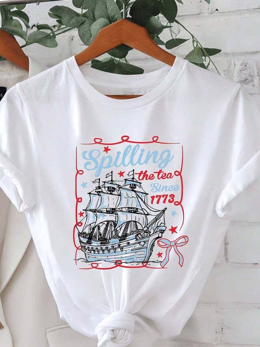 Camiseta de algodón 100% con diseño estampado informal para mujer, estampado de ilustración vintage de velero dibujado a mano con un toque divertido, camiseta de cuello redondo para mujer para primavera/verano, adecuada para fiestas informales, regalos navideños y reuniones con amigos. Tops de Verano 2026, Ropa de Uso Diario para Mujer, Adecuada para primavera, verano y otoño - Blanco - Ver 1