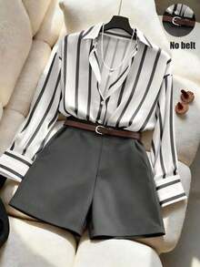 Conjunto de camisa holgada con rayas y pantalones cortos de talle alto en azul marino, conjunto de vestir minimalista y elegante para primavera/verano - Gris - Ver 1