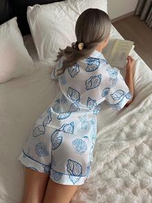 2pcs/Set Summer Blue Shell Pattern Lapel Short Sleeve Top And Shorts Women Pajama Set, Nautical Style, Vacation Style - White - View 3