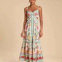 Women's Summer Vacation Floral & Geometric Print Hollow Ruffle Hem Maxi Slip Dress,Summer Beach Outfits, Christmas Party Clothes, New Year Look, Thanksgiving Outfits, Elegant Dresses Party, Tropical Vacation Dress, Garden Party Dress, Wildflower Dress,Christmas Outfit, New Year Clothes, Thanksgiving, Chic Elegant Dress For Party, Luxury Wedding Guest Party Dress,  Cocktail Dress - Rojo - Ver 4