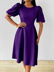 Vestido verde de manga abullonada larga, cuello en V, cintura recogida y bajo acampanado, para primavera y verano - Morado - Ver 6