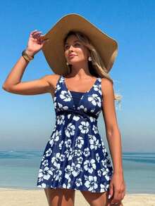 Swim Lushoire Conjunto de falda y shorts de baño de verano para mujer con estampado tropical de plantas para vacaciones en la playa - Blanco - Ver 4