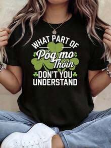 Women's Irish St. Patrick's Day Graphic Print T-Shirt With Humorous Stickers, Spring-Summer, Short Sleeve, Round Neck, Casual, For Daily Wear, Holiday Gift, St. Patrick's Day Clothing, 100% Cotton. - 黑色 - 查看 1