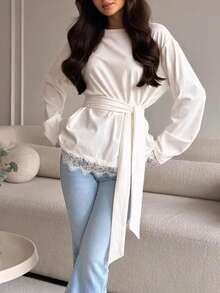 New Women's Solid Color Lace Patchwork Long Sleeve Top, Summer New Arrival, Daily Commute, Holiday, Elegant And Graceful White - White - View 4