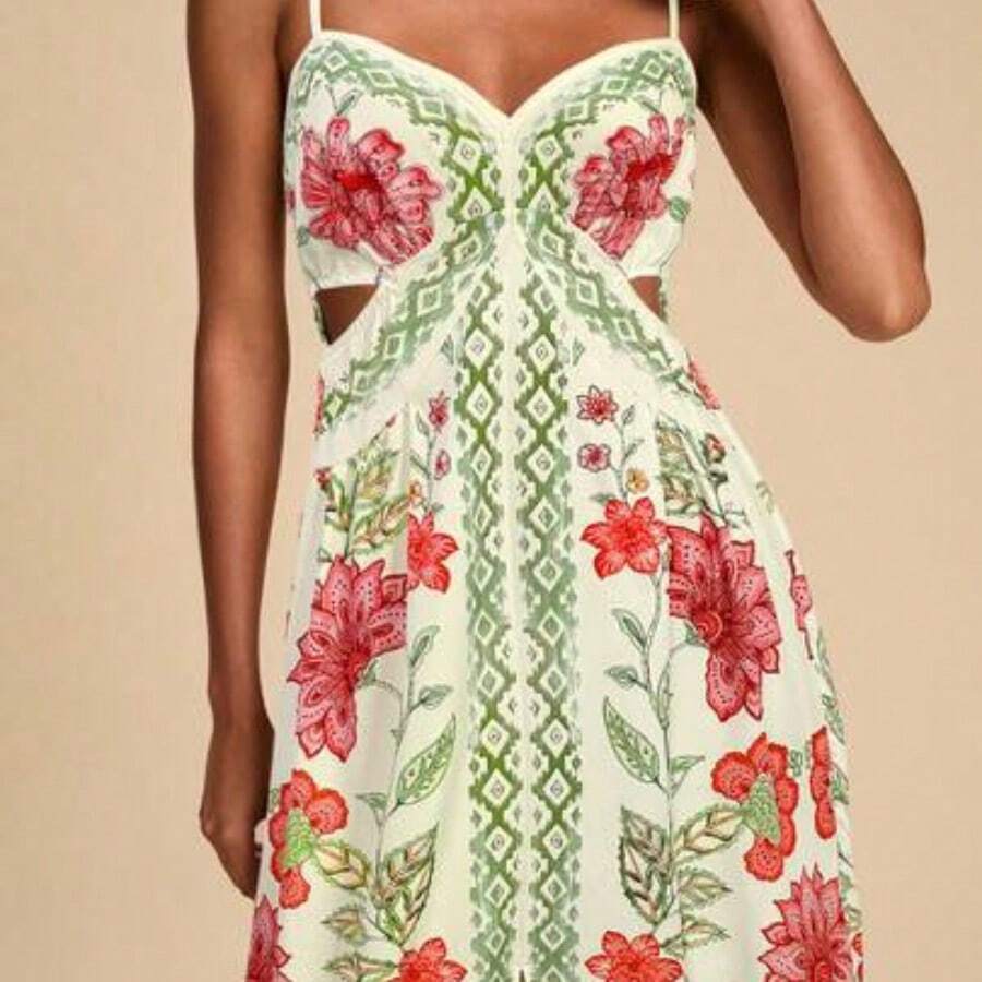 Women's Summer Vacation Floral & Geometric Print Hollow Ruffle Hem Maxi Slip Dress,Summer Beach Outfits, Christmas Party Clothes, New Year Look, Thanksgiving Outfits, Elegant Dresses Party, Tropical Vacation Dress, Garden Party Dress, Wildflower Dress,Christmas Outfit, New Year Clothes, Thanksgiving, Chic Elegant Dress For Party, Luxury Wedding Guest Party Dress,  Cocktail Dress - Rojo - Ver 1