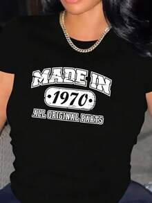 1970 Camiseta estampada, camiseta de manga corta con cuello redondo para el ocio de primavera y verano, ropa de mujer - Negro - Ver 6