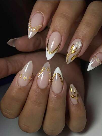 24Pcs Nude Pink French Tip Gold Trim Almond Press On Nails, Acrylic Nail Kit With 1pc Jelly Glue And 1pc Nail File, Light Luxury Gentle Style Press-On Acrylic Nail Stickers, With Pearl Trim, 3D White Flower & Gold Leaf Line Decorations, Reusable Manicure Supplies, Accessories For Women, Nail Accessories For Wedding, Daily Wear, Dating & Party, Vacation Travel Essentials, Gift For Girls