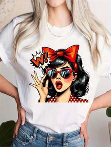 Classic Vintage T-Shirt With Character Print, Casual Short Sleeve Crew Neck Top, Suitable For Spring And Summer, Comfortable And Breathable, Suitable For All Seasons, Bestseller In Women's Clothing - 白色 - 查看 4