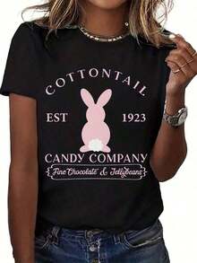 Conjuntos de primavera para mujer, camiseta de cuello redondo para mujer, camiseta de manga corta con estampado de conejo de Cotton Tail Candy Company 1923, atuendo casual de Pascua para mujer, perfecto para fiestas de primavera y uso diario, ropa de verano, tops de verano, playera. - Negro - Ver 7