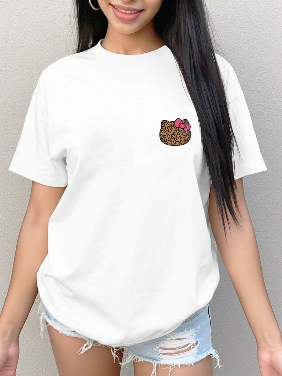 Camiseta de mujer, , casual, moderna y versátil para el hogar, con cuello redondo, estampado de leopardo y diseño de , cómoda y versátil, ideal para usar en primavera y verano. - Blanco - Ver 1