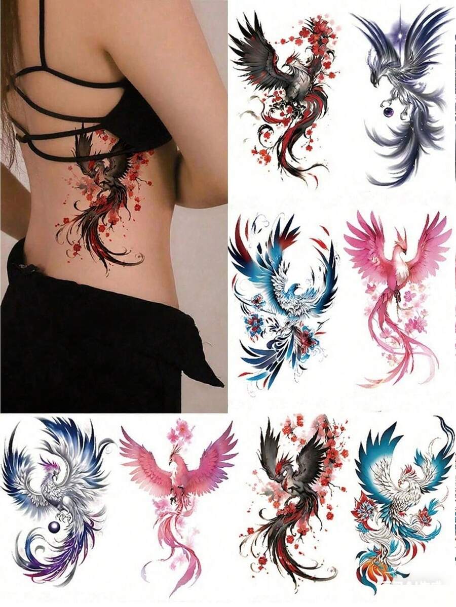 3pcs Vivid Colorful Phoenix Temporary Tattoo Stickers, Waterproof Realistic Tattoo Stickers Suitable For Women & Adults, Half Sleeve Tattoo, Body Tattoo, Can Be Used With Girlfriend