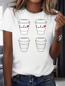 Camiseta de Mujer Casual Blanca con Estampado de Taza de Café y Amor, Top de Moda para Uso Diario, Regalo para el Día de San Valentínropa de calor mujer - Blanco - Ver 1