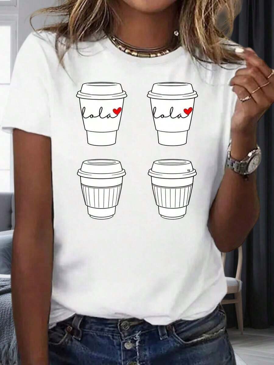 Camiseta de Mujer Casual Blanca con Estampado de Taza de Café y Amor, Top de Moda para Uso Diario, Regalo para el Día de San Valentínropa de calor mujer - Blanco - Ver 1