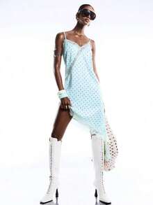 2026 Nuevo vestido minimalista de primavera/verano para mujer, vestido corto de tirantes finos con bajo asimétrico de encaje de contraste de unicolor, azul marino - verde menta - Ver 6