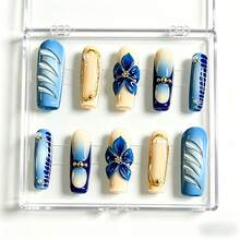 NailLuxe 10 PCS 100% Handmade Reusable Acrylic Square Press-On Nails | Nude & Blue Gradient 3D Flower Luxury Style With Nude, Blue & Ombre Bases, 3D Flower, Gold Chain & Pearl Embellishments - Màu xanh lam - Xem 9