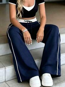 Pantalones rectos de cintura elástica casual, ajuste relajado - Azul Marino - Ver 2