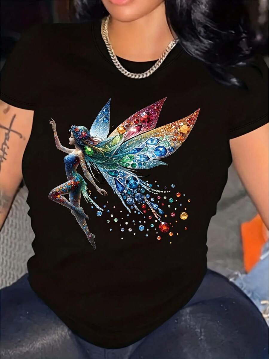 Camiseta de manga corta con estampado de y cuello redondo - Negro - Ver 1