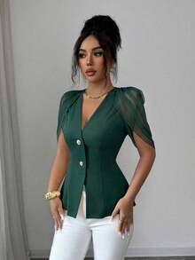 Blazer elegante y romántico para mujer con cuello en V, plisado y cintura ceñida - Verde Oscuro - Ver 8