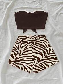 Conjunto de 2 piezas de estilo casual de vacaciones con shorts de estampado de cebra en color albaricoque y verde, y top bandeau negro, adecuado para vacaciones de verano - Multicolor 5 - Ver 2