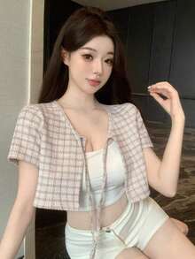 Camiseta de manga corta con nudo delantero y estampado de cuadros, top corto para mujeres - Albaricoque - Ver 4