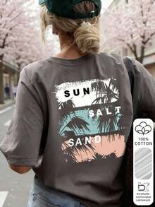Women's Loose-Fitting Top, Ideal For Vacations, Made From 100% Vintage Cotton, Printed With A Pink "West Coast California" Style Palm Tree And Beach Design. Breathable And Cool, Casual And Relaxed, American Retro Punk Short-Sleeve T-Shirt Style. Suitable For The Beach, Music Festivals, And Summer American Street Style. - 深灰色 2 - 查看 5