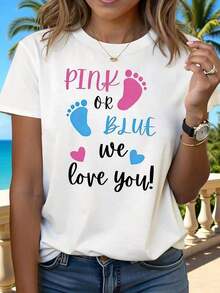 Camiseta con estampado gráfico "Te Amamos" en rosa o azul para revelación de género, para mujer, primavera-verano, manga corta, cuello redondo, casual, para uso diario, regalo para vacaciones, transpirable y cómoda. - Blanco - Ver 1