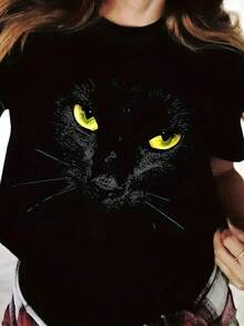 Camiseta Gato Negro Estilo Moderno Diseño Único Casual Moda Para Mujeres Color Negro Confort Total Popular - Negro - Ver 1