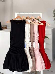 Vestido corto negro de cuello redondo y sin mangas elegante para mujer , adecuado para usar en capas como ropa formal, perfecto para salidas, fiestas y citas en primavera - Negro - Ver 6