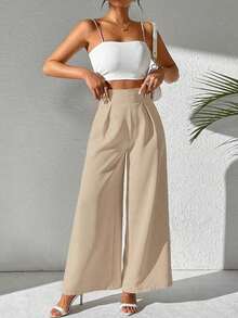 Pantalones anchos casuales de mujer con tela de unicolor texturizada - Caqui - Ver 6