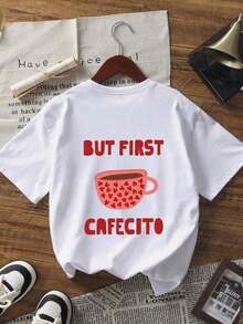 Camiseta Casual de Manga Corta con Cuello Redondo y Estampado de Cafetería, Top de Verano para Mujer, Transpirable y Cómoda - Blanco - Ver 3