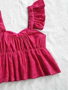 Blusa de corte de línea A con cuello cuadrado, manga corta y estampado retro azul y blanco, adecuada para fiestas, citas, el Día de San Valentín, el té de la tarde - Rosa Fucsia - Ver 4